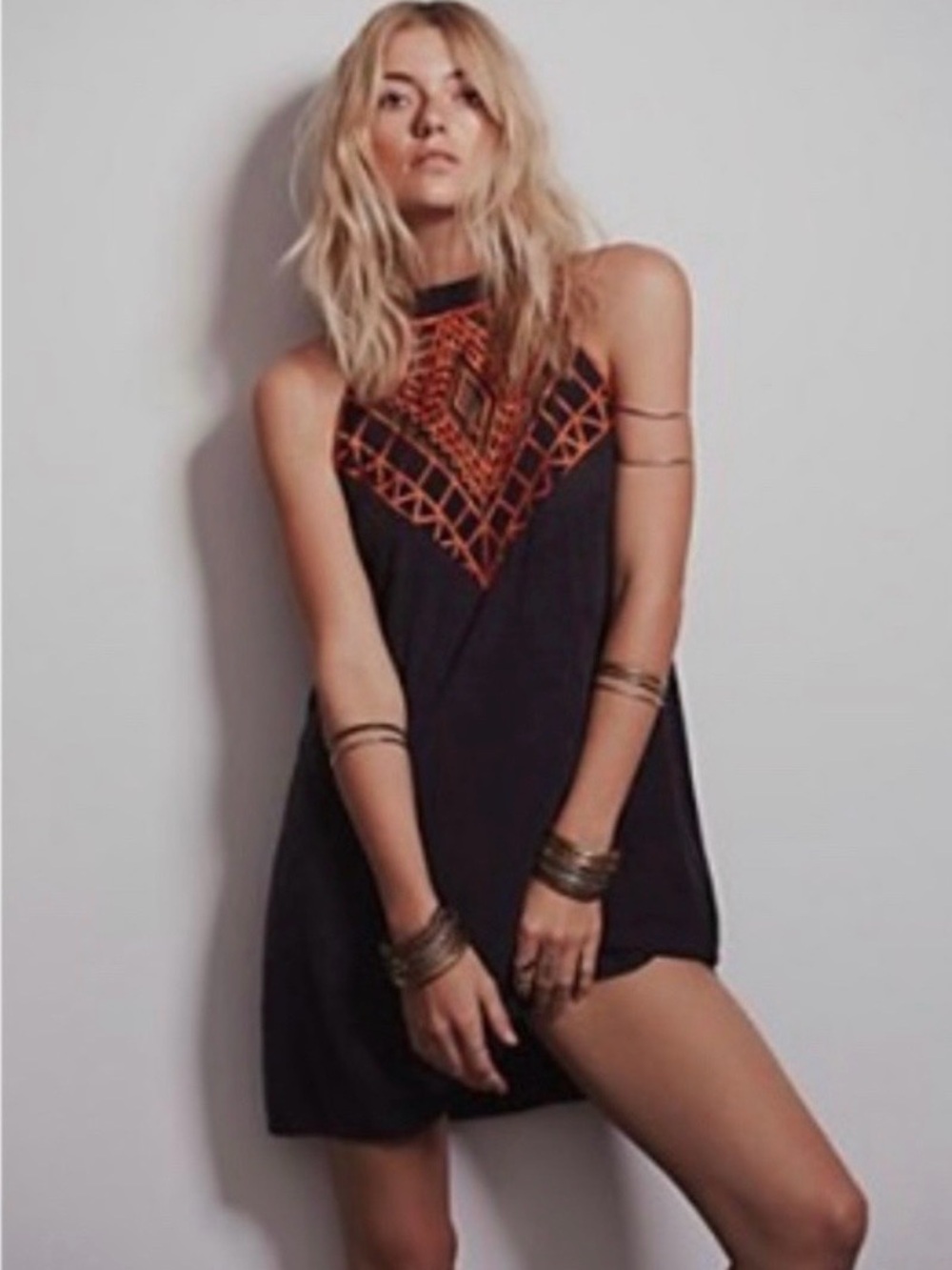 Tallow x Free People Black Acid Wash Backless Shift Dress with Orange Embroidery